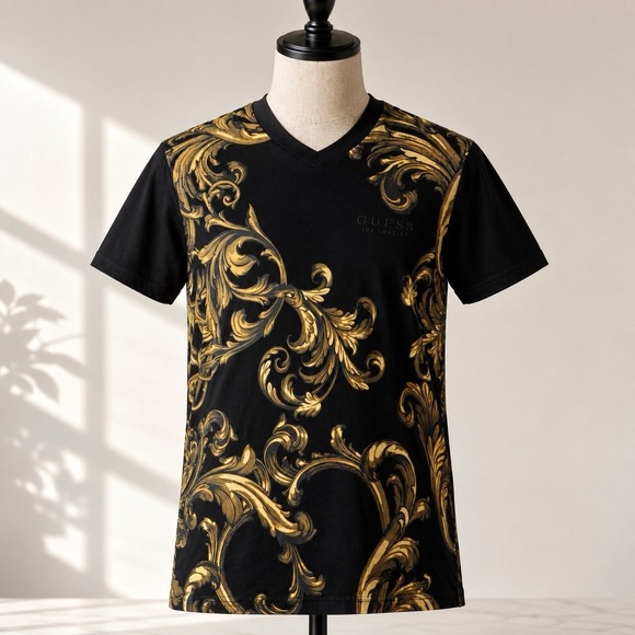 Guess Other - Guess Los Angeles Baroque Print V Neck T Shirt Mens M Black Gold Scroll Graphic